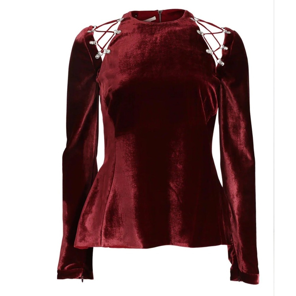 Antonio Berardi Lace-Up Velvet Blouse Bordeaux Red Size 44 Lux Gothic Whimsy